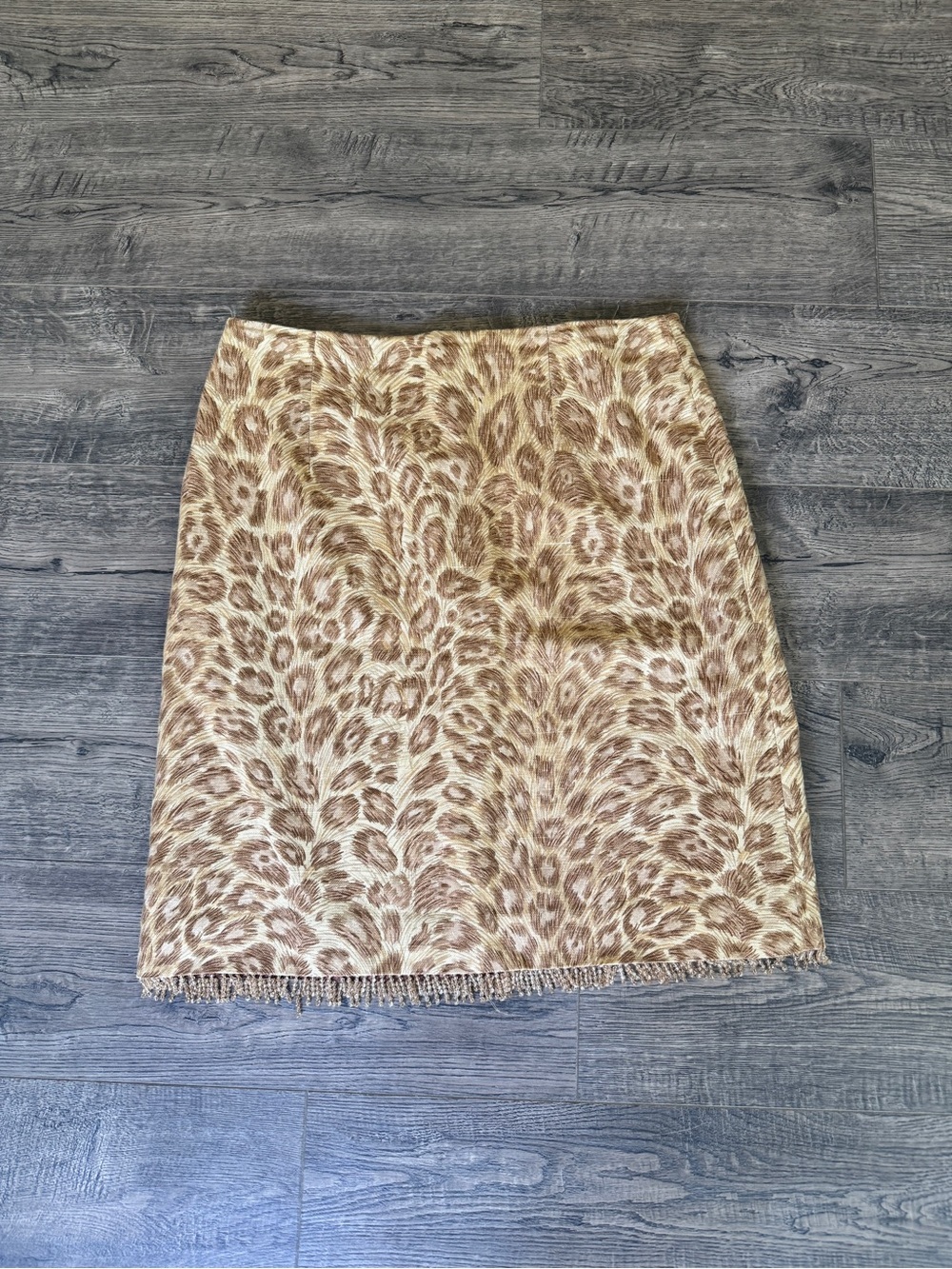 90s Vintage Neutral Animal-Print A-Line Skirt with Fringe Hem
